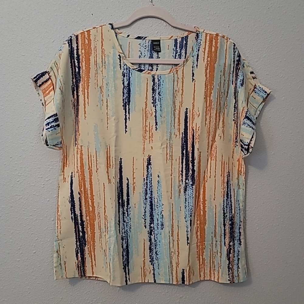 Ranlege Scoop Neck Top Size L Blues, Orange & Cream